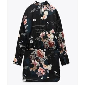 Zara Dress XL Black, The Camila Floral Satin Mini High Mock Neck Long Sleeve
